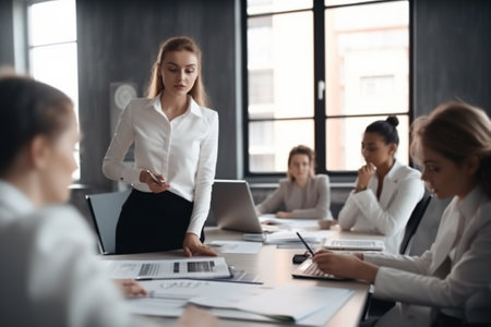 Confident businesswoman in formal wear looking at camera during meeting in officeの素材