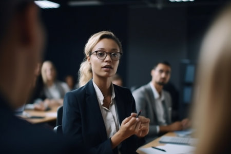 Portrait of serious businesswoman in eyeglasses looking at camera during meeting in officeの素材