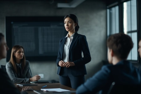 Confident businesswoman standing in front of her colleagues during a meetingの素材