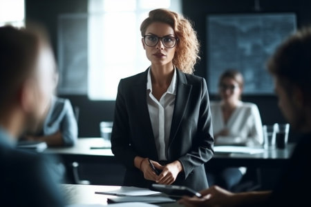 Portrait of confident businesswoman standing in office and looking at cameraの素材