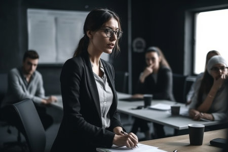selective focus of businesswoman in eyeglasses sitting at table in officeの素材