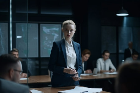 selective focus of businesswoman in formal wear looking at camera during meeting in officeの素材