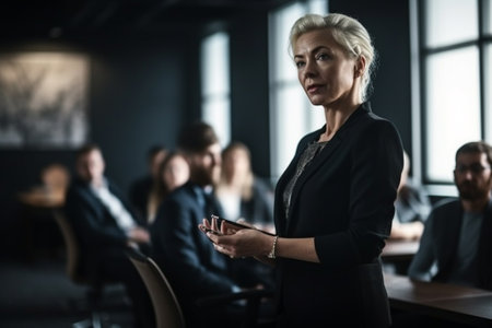 Portrait of mature businesswoman standing in front of her colleagues in officeの素材