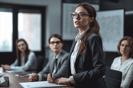 selective focus of businesswoman in eyeglasses looking at camera during meeting in officeの素材