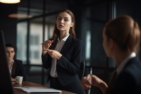 Serious young businesswoman looking at her colleague during meeting in officeの素材