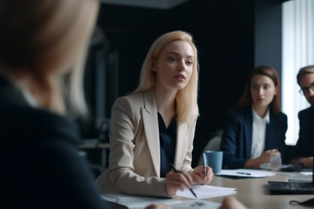 Serious businesswoman sitting at table in office and looking at cameraの素材
