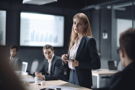 Young businesswoman using mobile phone in modern office with colleagues on backgroundの素材
