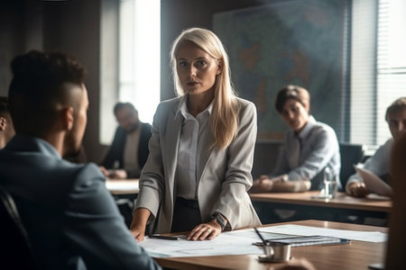 Serious businesswoman looking at camera while sitting at table in officeの素材
