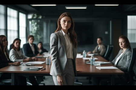 Serious businesswoman standing in conference room, looking at camera.の素材