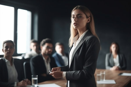 Portrait of young businesswoman looking away while standing in conference roomの素材