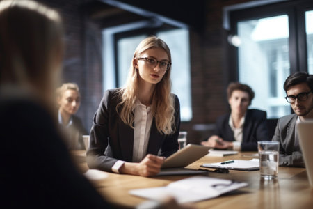 Serious young businesswoman using digital tablet while sitting at table in officeの素材