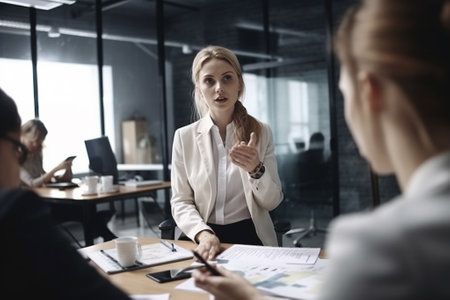 Serious businesswoman pointing at camera during meeting with colleagues in officeの素材