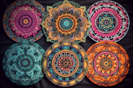 Colorful mandalas on black background. Boho style.の素材
