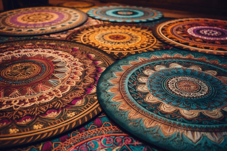 Colorful decorative plates for sale in a souvenir shop in Indiaの素材
