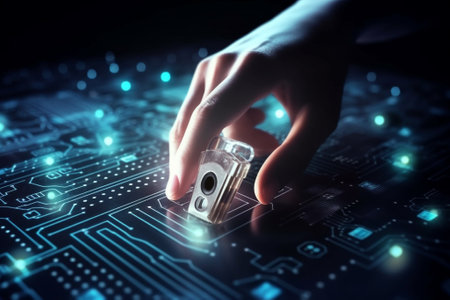 Close up of human hand with key on circuit board background. Security conceptの素材