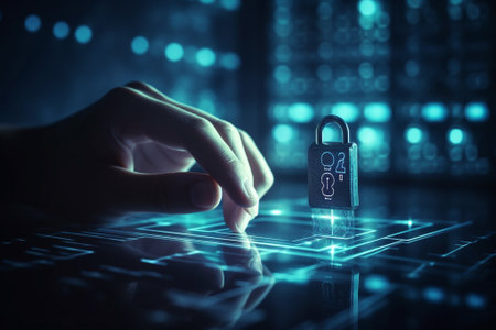 Cyber security data protection business technology privacy concept. Close up of human hand using padlock on digital background.の素材