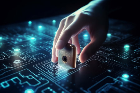 Close up image of human hand with padlock on circuit board backgroundの素材
