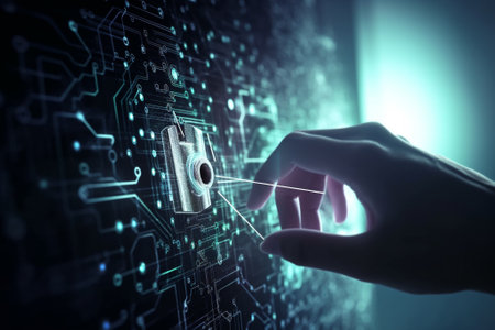 Close up image of human hand touching circuit board with finger 3D renderingの素材