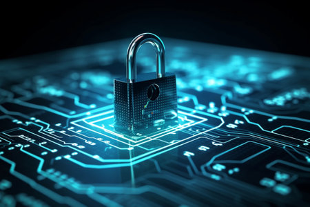 Cyber security concept with circuit board and padlock 3D renderingの素材
