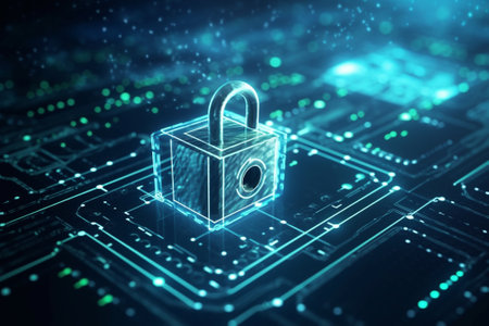 Cyber security concept with padlock on circuit board 3D renderingの素材