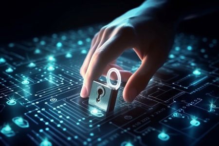 Close up of human hand holding padlock on digital circuit board backgroundの素材