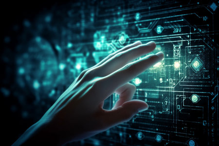 Close up of human hand touching icon of media screen on dark backgroundの素材