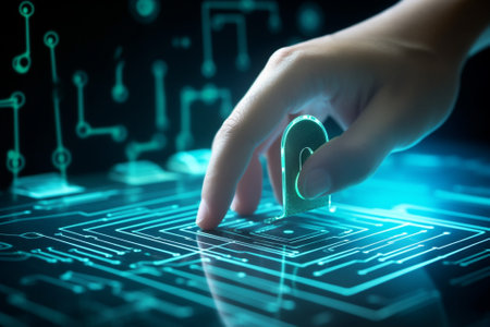 Close up of human hand touching circuit board on virtual screen with fingerの素材