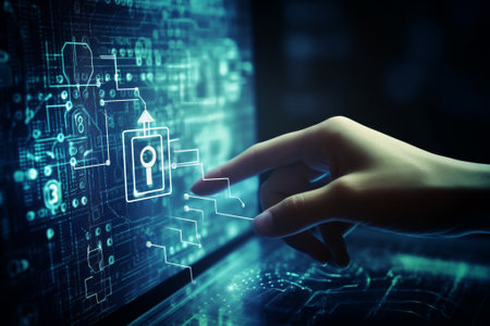 Close up of human hand touching icon on media screen with finger printの素材