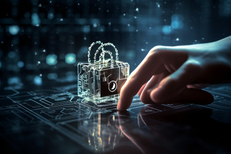 Cyber security and data protection concept. 3d rendering double exposureの素材