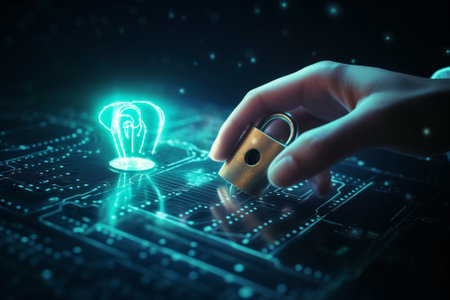 Close up of human hand holding padlock with light bulb hologramの素材
