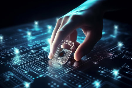 Close up of human hand holding microchip with circuit on dark backgroundの素材