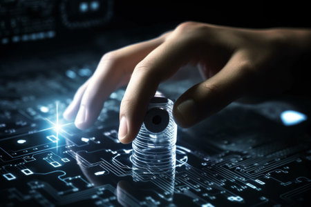 Close up of human hand holding coin with digital circuit on dark backgroundの素材