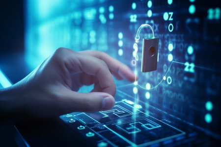 Cyber security and data protection concept. Hand holding padlock on digital blue backgroundの素材