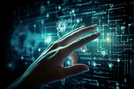 Close up of human hand touching icon on media screen. Mixed mediaの素材