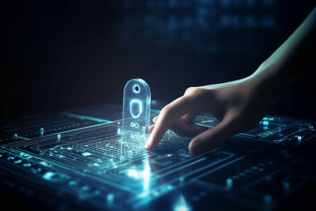 Close up of human hand touching icon on media screen with binary codeの素材