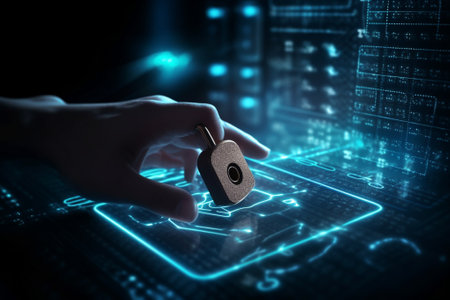 Close up of human hand holding cube with binary code and binary code on backgroundの素材