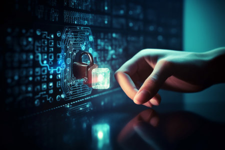 Close up of human hand touching with finger padlock icon on screenの素材