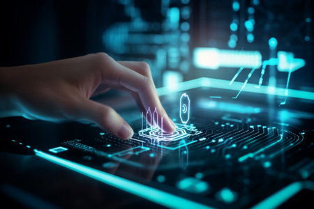 Close up of human hand using tablet pc with media icons on screenの素材