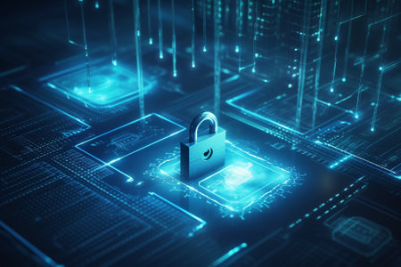 Close up of human hand holding padlock on digital background 3D renderingの素材
