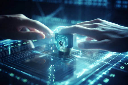 close up of businesswoman hand working with virtual screen on dark backgroundの素材