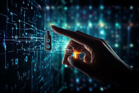 Padlock on circuit board background. Security concept. 3D Renderingの素材