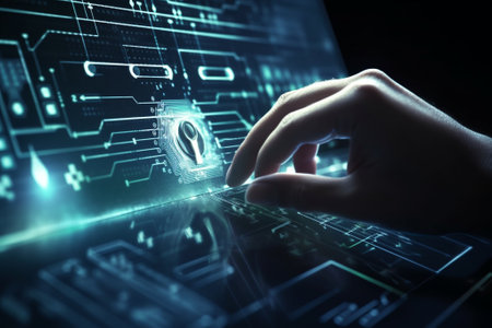 Close up of human hands touching circuit board with finger 3D renderingの素材