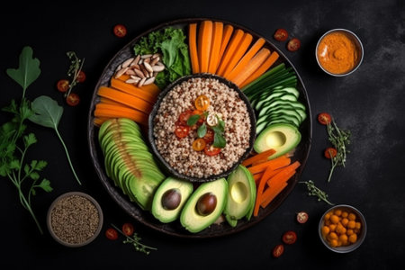 Buddha bowl with quinoa, avocado, carrots and chickpeas on black background. Top viewの素材