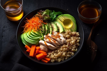 Buddha bowl with quinoa, avocado, carrot and chickenの素材