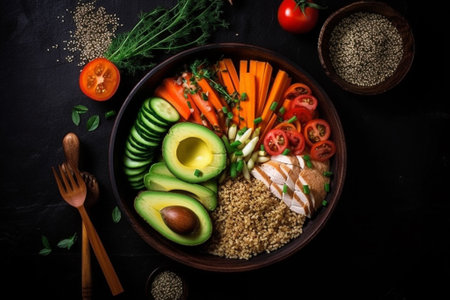 Healthy Buddha bowl with quinoa, avocado, tomato, cucumber, carrot, onion and herbs on black backgroundの素材