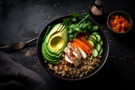 Bowl of quinoa with chicken, avocado and vegetables on black backgroundの素材