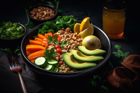 Buddha bowl with quinoa, avocado and fresh vegetables on black backgroundの素材