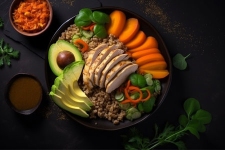 Healthy Buddha bowl with quinoa, chicken, avocado and vegetablesの素材