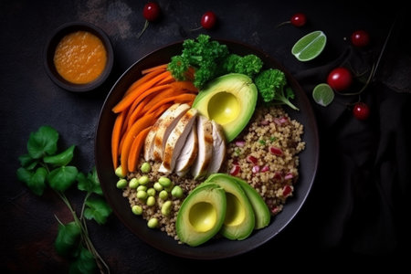 Bowl of quinoa with chicken, avocado and vegetables on dark backgroundの素材