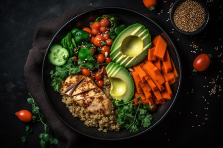 Buddha bowl with quinoa, avocado, tomatoes, cucumber and lettuceの素材